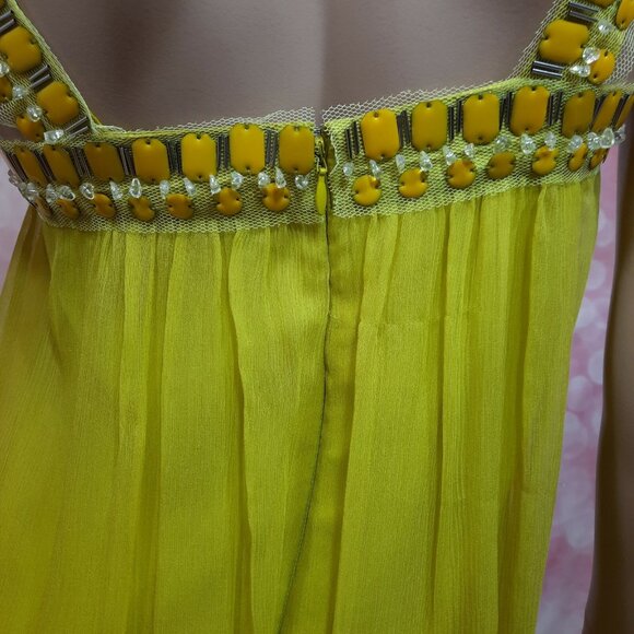 Y2K BCBG Chartreuse Green Silk Dress Size 2 Beaded Flowy Sleeveless Above Knee - Picture 6 of 7